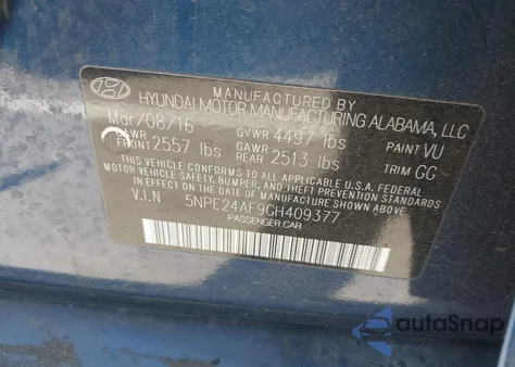 2016 Hyundai Sonata Se из США, поврежденный, VIN 5NPE24AF9GH409377